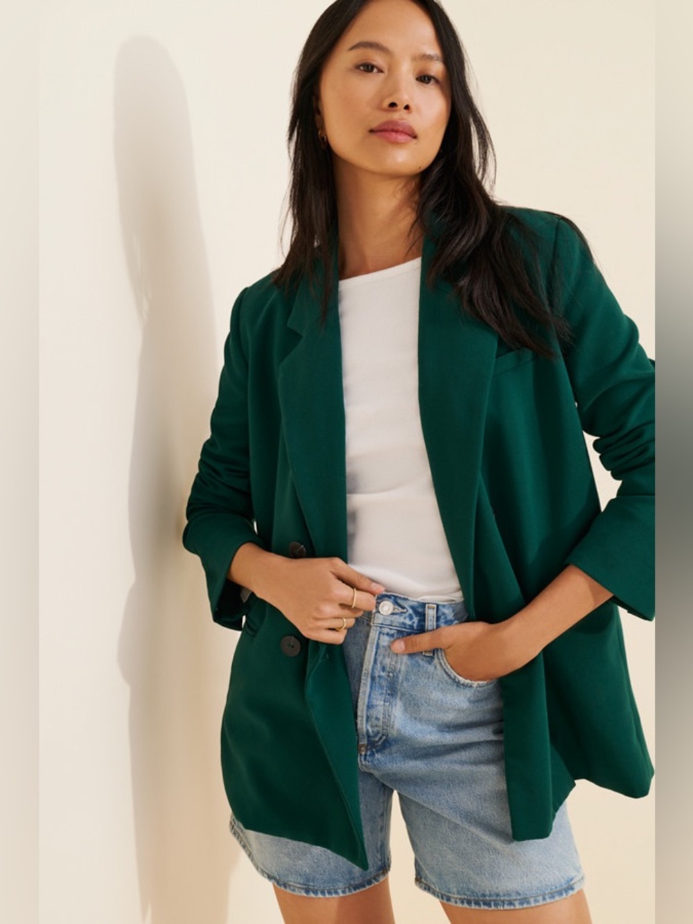 Anthropologie Maeve Double-Breasted Blazer in Dark Green